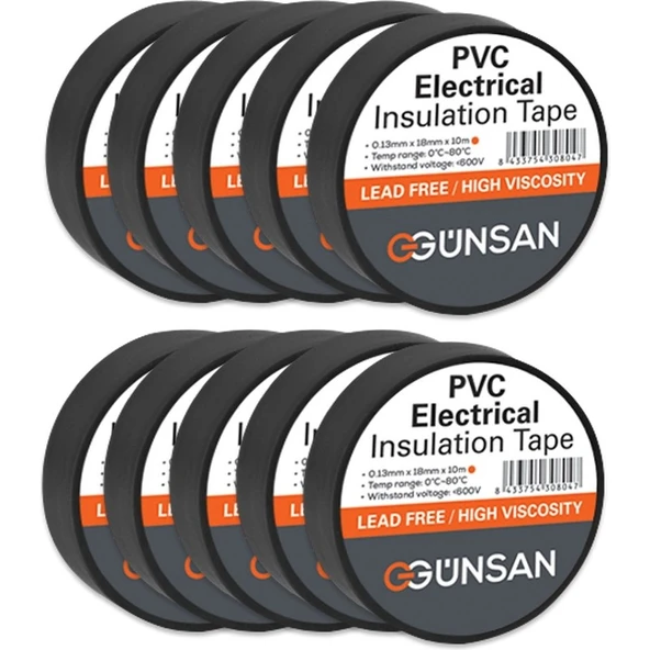 Topalak Ticaret Günsan Elektrik 10 Adet Günsan Elektrik Siyah Izole Bant 0.13X18MMX10M