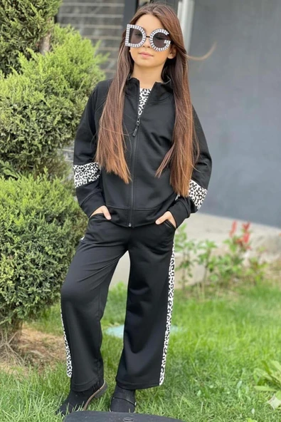 Kız Çocuk Leopar Baskılı Kolsuz Badi Leopar Şerit Detaylı Ceket Siyah Eşofman Takım ürün görseli