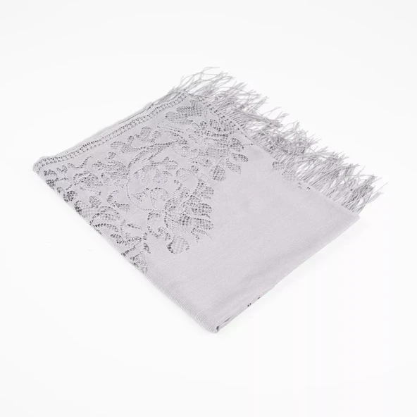 Dantelli Püsküllü Şal (Mevlid Örtüsü, 166x61 cm. Gri)