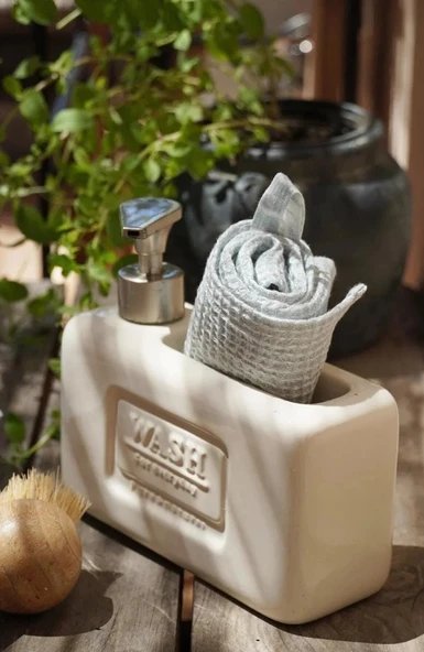 Şık ve Fonksiyonel Seramik Süngerlikli Sıvı Sabunluk/Deterjanlık, KREM, 500 ml - 3