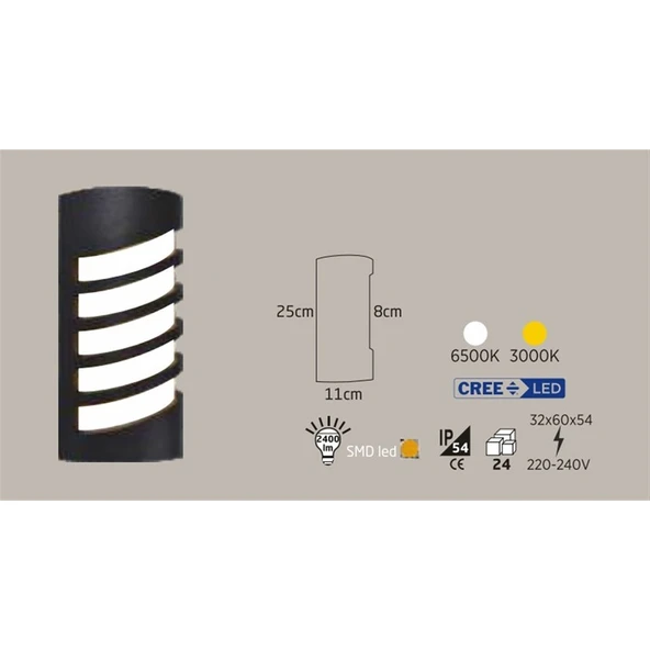 Econa 24W Siyah Kasa Dış Mekan LED Aplik Oval Çerçeveli (6500K)