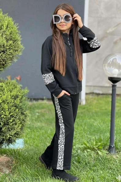 Kız Çocuk Leopar Baskılı Kolsuz Badi Leopar Şerit Detaylı Ceket Siyah Eşofman Takım - Resim 3