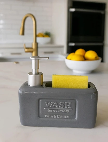 Şık ve Fonksiyonel Seramik Süngerlikli Sıvı Sabunluk/Deterjanlık, Gri, 500 ml - 2