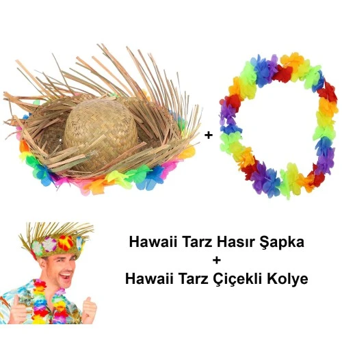 Hawaii Tarzı Tropikal Çiçekli Hasır Şapka ve Çiçekli Hawaii Kolye ürün görseli