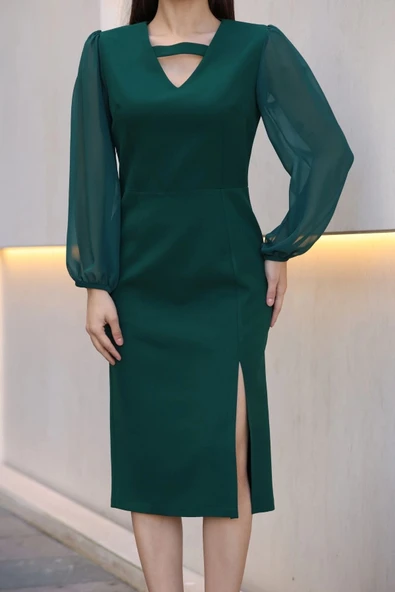 V Yaka Şifon Kollu Yırtmaçlı Midi Elbise 6015-Yeşil - Resim 4