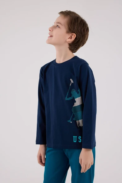 U.S. Polo Assn. Garson Erkek Çocuk Logolu Lacivert %100 Pamuklu Uzun Kollu Paça Lastikli Pijama Takım - 4