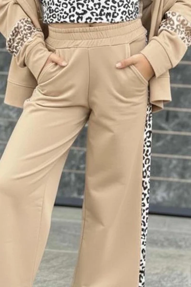 Kız Çocuk Leopar Baskılı Kolsuz Badi Leopar Şerit Detaylı Ceket Krem Eşofman Takım - Resim 4