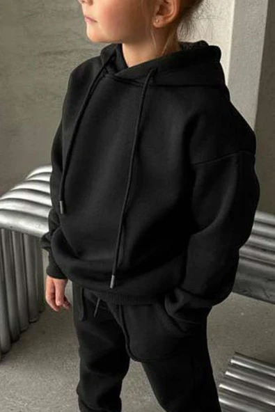 Kız Çocuk Şardonlu İp Detaylı Sweatshirt Pamuklu Siyah Eşofman Takım - Resim 3