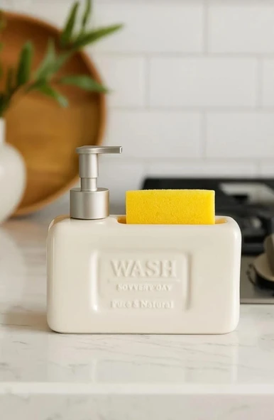 Şık ve Fonksiyonel Seramik Süngerlikli Sıvı Sabunluk/Deterjanlık, KREM, 500 ml - 2