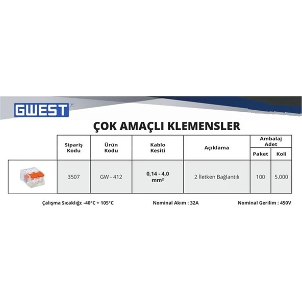 Gwest GW-412 Çok Amaçlı 2 Iletken Bağlantılı Klemens (10 adet) - 2
