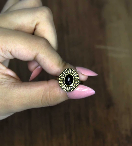 Doğal Taş Oniks Doğal Taşlı Antik Model Kadın Ayarlanabillir Yüzük euy74o - Resim 3