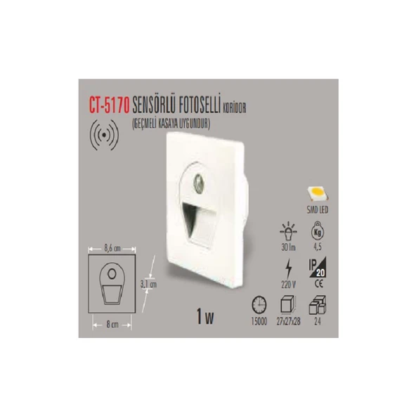 Cata CT-5170 1W Sens.ledli Kor. Armatür (Mavi) Cata - 2