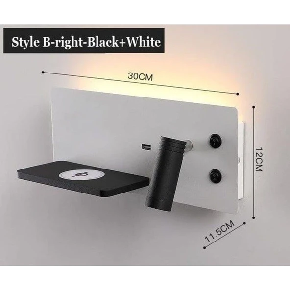USB Şarj ve Kablosuz Şarjlı Yeni Nesil Modern Yatak Başı Armatürü 7 + 3 Watt Ledli Oynar Başlı Apli - 2