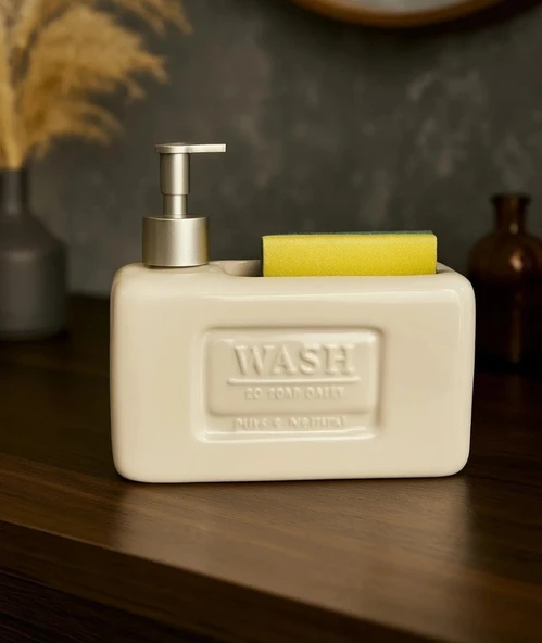 Şık ve Fonksiyonel Seramik Süngerlikli Sıvı Sabunluk/Deterjanlık, KREM, 500 ml - 5