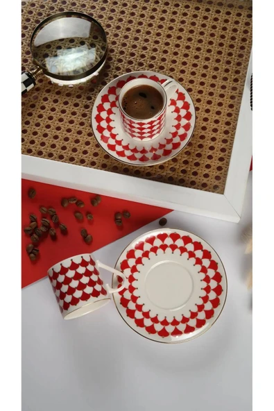 Porser Peyda Kırmızı Kahve Fincan Takımı 80cc 2 Kişilik 4 Parça