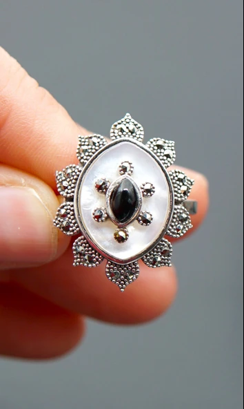 925 Ayar  Gümüş Kadın Sedef ve Oltu Taşı Yüzük sy00078 - Resim 2