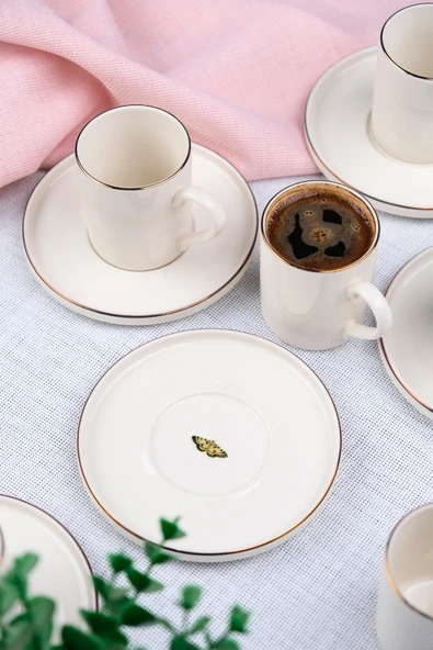 Tabak Evi Porselen Altın Yaldız Kahve Fincan Takımı Kelebek 90cc 6 Kişilik 12 Parça - 2