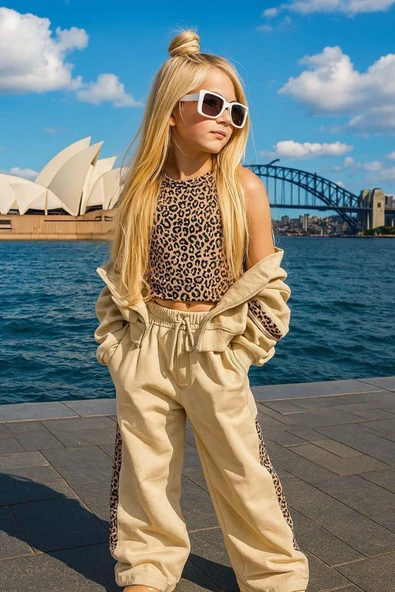 Kız Çocuk Leopar Baskılı Kolsuz Badi Leopar Şerit Detaylı Ceket Krem Eşofman Takım ürün görseli