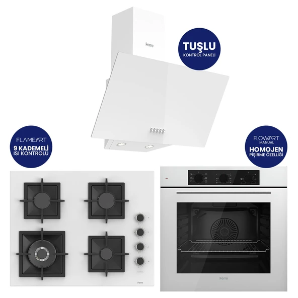 Flowart Turbolu Beyaz Cam Ankastre Set ( 65 CM Woklu OCAK ) QBL62CB - SC406 - D087 ürün görseli 1