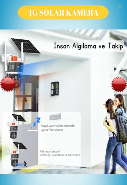 10x Zoom 4G Sim Kartlı Solar güneş Enerjili Full HD Çift Kameralı Akıllı Smart Güvenlik Kamerası - Resim 3