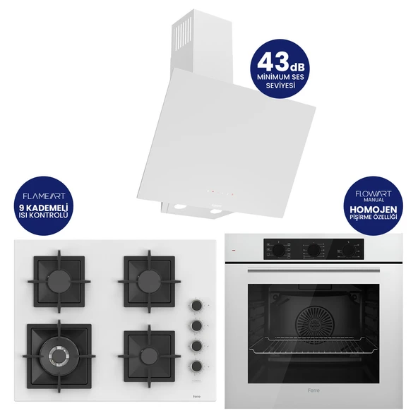 Flowart Turbolu Silenart Beyaz Cam Ankastre Set ( 65 CM Woklu OCAK ) QBL62CB - SC406 - D078SA