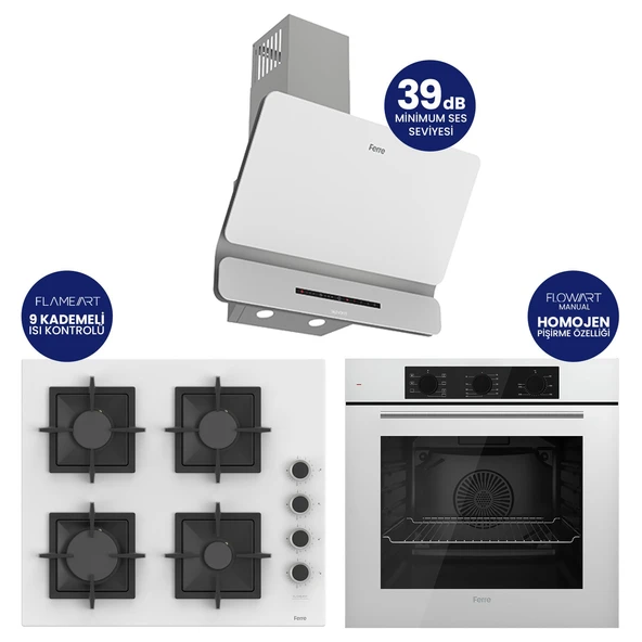 Flowart Turbolu Amörtisörlü Silenart Beyaz Cam Ankastre Set ( Kaymaz Döküm Izgara ) QBL62CB - SC206 - D081SA ürün görseli 1