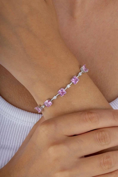 Gümüş Pazarım Pembe Taşlı Sıralı Su Yolu Gümüş Bileklik