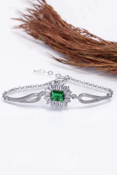 Gümüş Pazarım Elmas Montür Zümrüt Dikdörtgen Taşlı Gümüş Bileklik - Resim 4