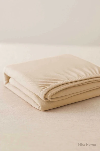 Çift Kişilik Düz Penye  %100 Pamuklu Lastikli Çarşaf 200X200 Cm Battal  Boy Newsheet Bej - 3