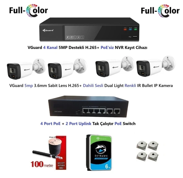 VGuard 5mp Dahili Sesli Ve Gece Renkli 4 Kameralı Tak Çalıştır Hazır IP Kamera Seti 6TB Disk ürün görseli 1