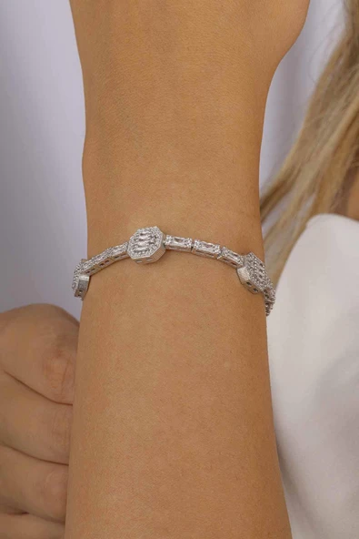 Gümüş Pazarım Baget Taşlı Sıralı Su Yolu Gümüş Bileklik