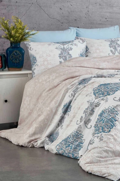 Çift Kişilik Nevresim Takımı Pamuklu Mavi Asalet - Resim 3