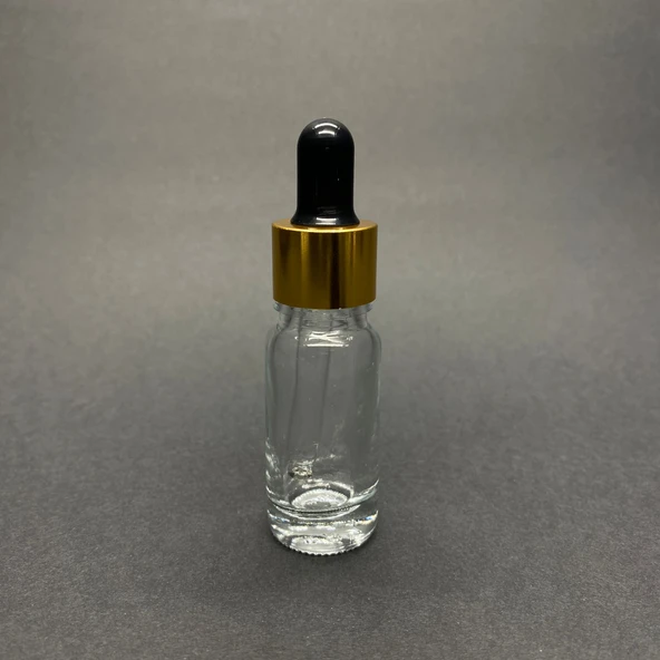 10ml Şeffaf, Cam Şişe, 24 adet, Cam Damlalıklı, Ecza şişesi, Propolis şişesi, Gold Kapak siyah Emzik ürün görseli 1