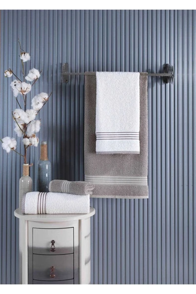 4 lü Kadın Erkek Banyo Havlusu Takımı Oscar Bej-Krem - 2