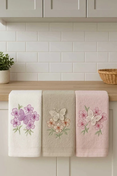 3lü Lüks %100 Pamuklu Mutfak Havlusu Seti 3D Kelebek Aplikeli 30x50 Cm - 4