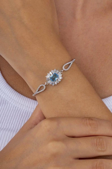 Gümüş Pazarım Elmas Montür Aqua Renk Dikdörtgen Taşlı Gümüş Bileklik ürün görseli 1