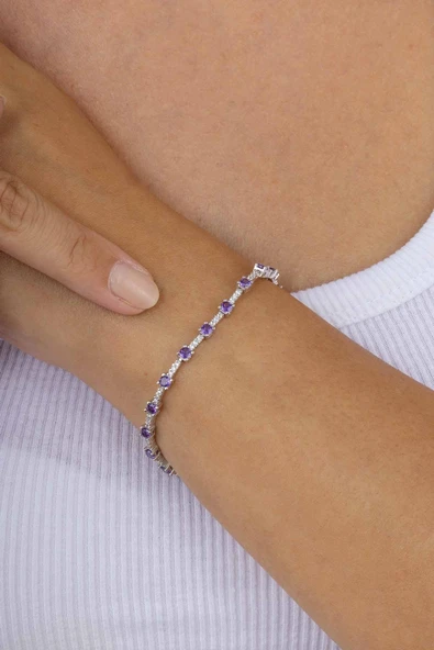 Gümüş Pazarım Mor Taşlı Süzme Su Yolu Gümüş Bileklik ürün görseli 1