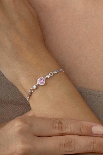 Gümüş Pazarım Pembe Taşlı Kalp Gümüş Su Yolu Bileklik