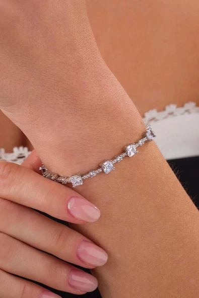 Gümüş Pazarım Beyaz Taşlı Sıralı Su Yolu Gümüş Bileklik - 3