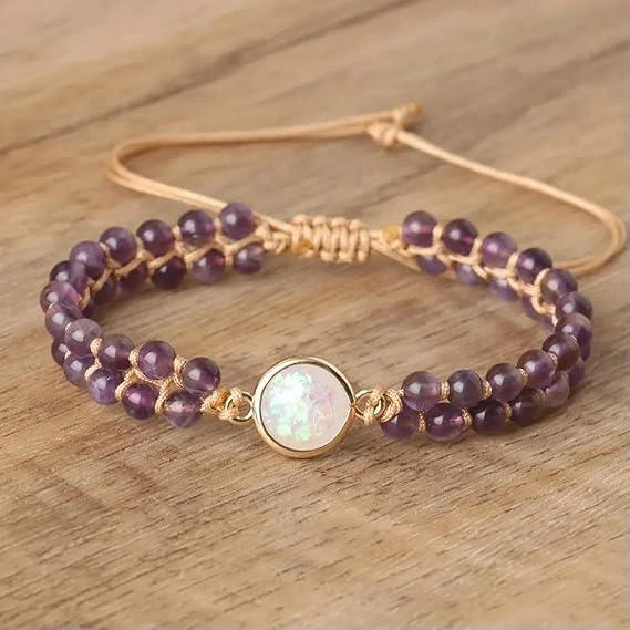 Valkyrie Doğal Ametist Taşlı Opal Merkezli El Yapımı Makrome Bileklik – Ayarlanabilir Kadın Bileklik Pozitif Enerji ve Denge Taşı - 3