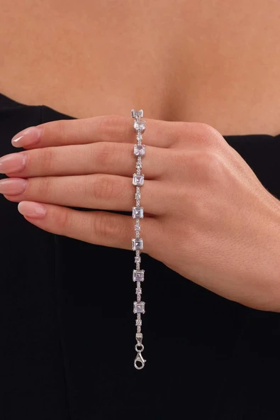 Gümüş Pazarım Beyaz Taşlı Sıralı Su Yolu Gümüş Bileklik