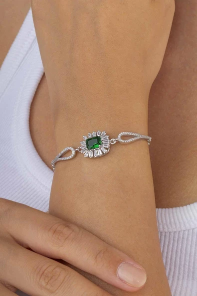 Gümüş Pazarım Elmas Montür Zümrüt Dikdörtgen Taşlı Gümüş Bileklik - Resim 2