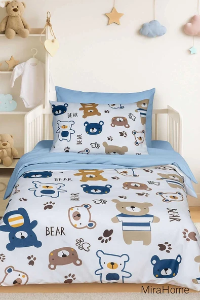 Dijital Baskılı 3d Pamuklu Yenidoğan Bebek Nevresim Takımı Bear Toy Blue - 2