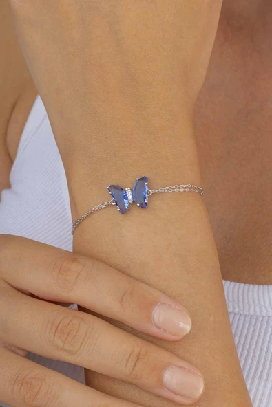 Gümüş Pazarım Mavi Taşlı Kelebek Gümüş Bileklik - Resim 2