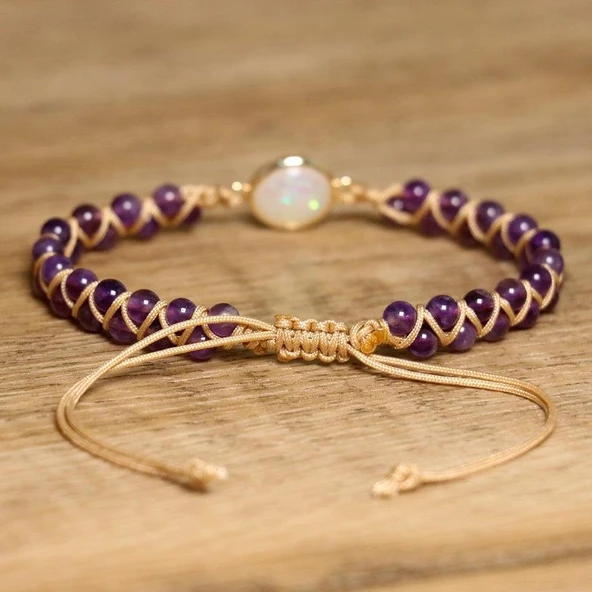 Valkyrie Doğal Ametist Taşlı Opal Merkezli El Yapımı Makrome Bileklik – Ayarlanabilir Kadın Bileklik Pozitif Enerji ve Denge Taşı - 7