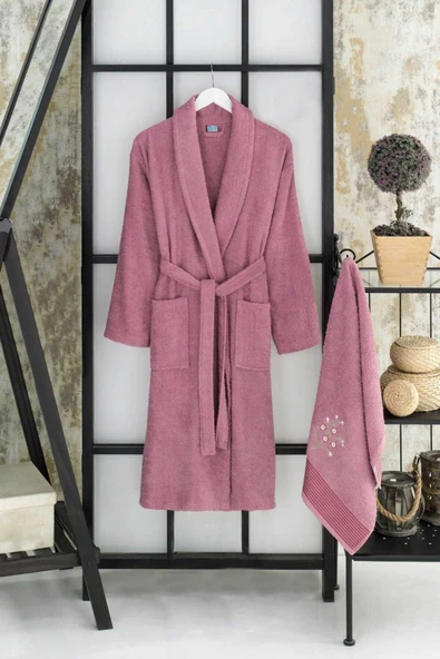 Kadın Havlulu Banyo Bornoz Takımı %100 Pamuklu Mürdüm
