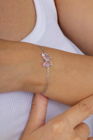 Gümüş Pazarım Pembe Taşlı Kelebek Gümüş Bileklik ürün görseli 1
