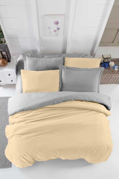 Çift Kişilik Lastikli Çarşaflı Nevresim Takımı Pamuklu Four Season Bej Gri ürün görseli 1