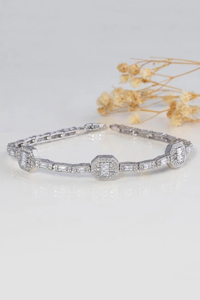 Gümüş Pazarım Baget Taşlı Sıralı Su Yolu Gümüş Bileklik - 4