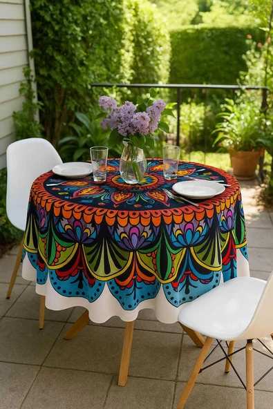 Yuvarlak Etnik Desenli Duck Kumaş Masa Örtüsü 150X150 Cm - 1